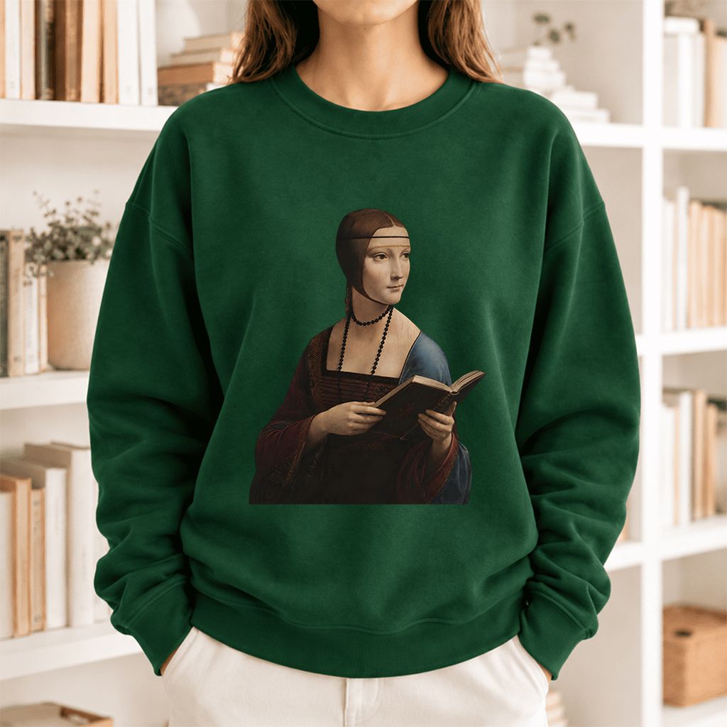 Cecilia Gallerani Holding Open Book Softstyle Sweatshirt | Elegant Reader Gift Forest Green