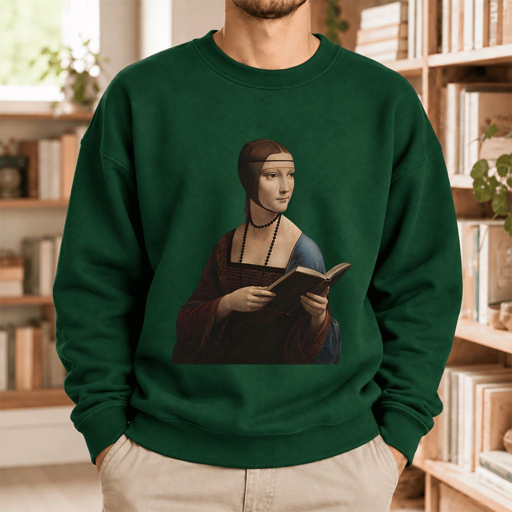 Cecilia Gallerani Holding Open Book Softstyle Sweatshirt | Elegant Reader Gift Forest Green
