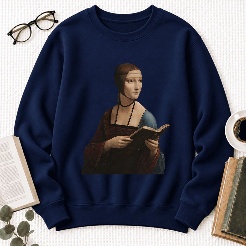 Cecilia Gallerani Holding Open Book Softstyle Sweatshirt | Elegant Reader Gift Navy