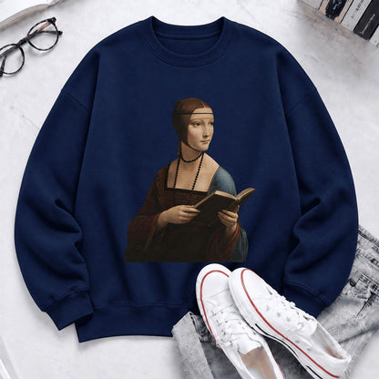 Cecilia Gallerani Holding Open Book Softstyle Sweatshirt | Elegant Reader Gift Navy