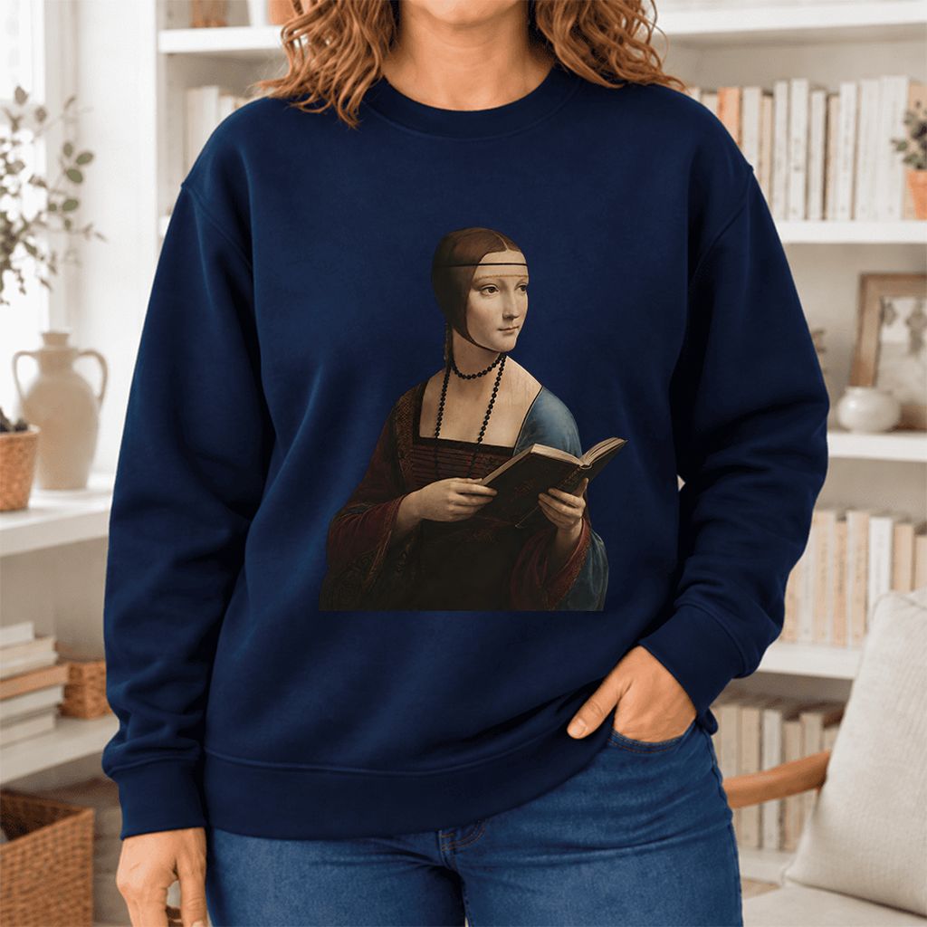 Cecilia Gallerani Holding Open Book Softstyle Sweatshirt | Elegant Reader Gift Navy