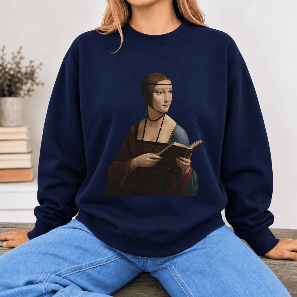 Cecilia Gallerani Holding Open Book Softstyle Sweatshirt | Elegant Reader Gift Navy