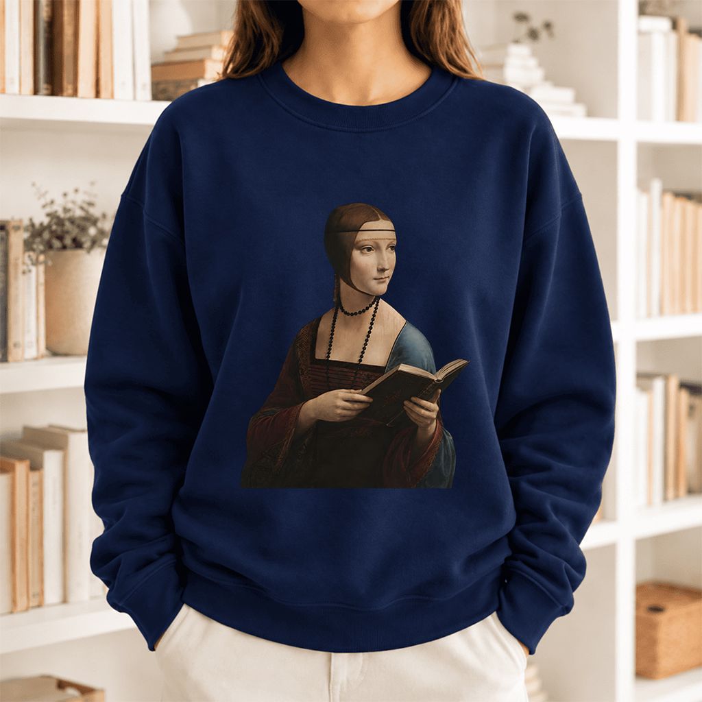 Cecilia Gallerani Holding Open Book Softstyle Sweatshirt | Elegant Reader Gift Navy
