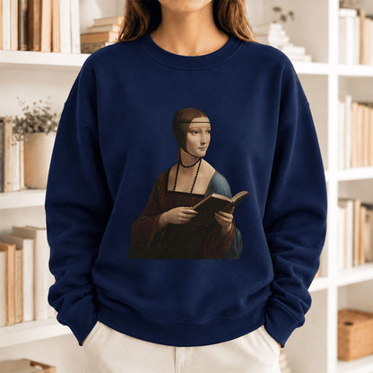 Cecilia Gallerani Holding Open Book Softstyle Sweatshirt | Elegant Reader Gift Navy