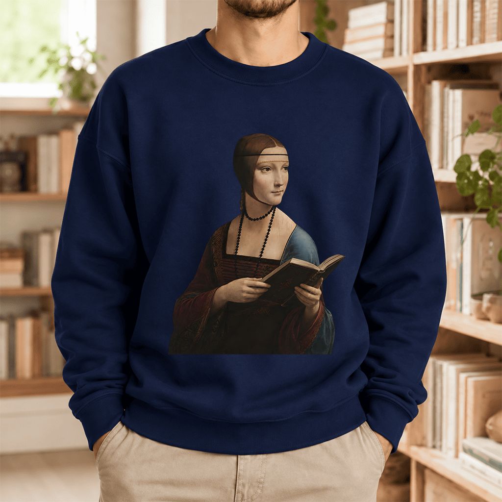 Cecilia Gallerani Holding Open Book Softstyle Sweatshirt | Elegant Reader Gift Navy