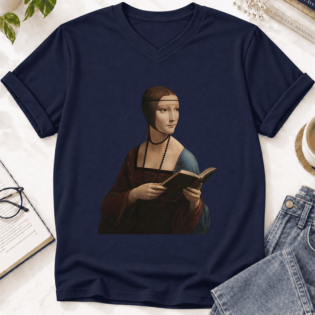 Cecilia Gallerani Reading Ultra-Soft V-Neck | Literary Reader Gift Navy