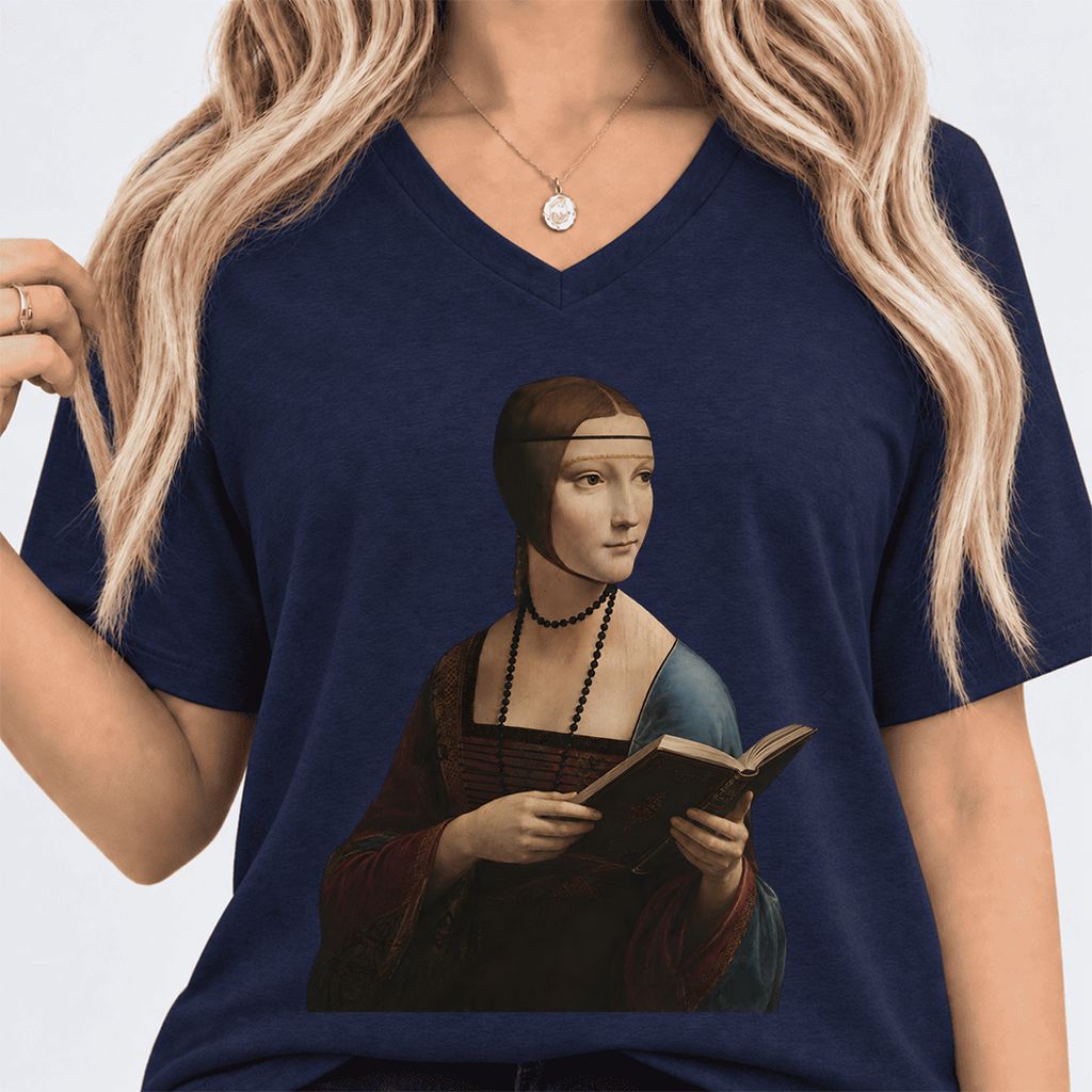 Cecilia Gallerani Reading Ultra-Soft V-Neck | Literary Reader Gift Navy