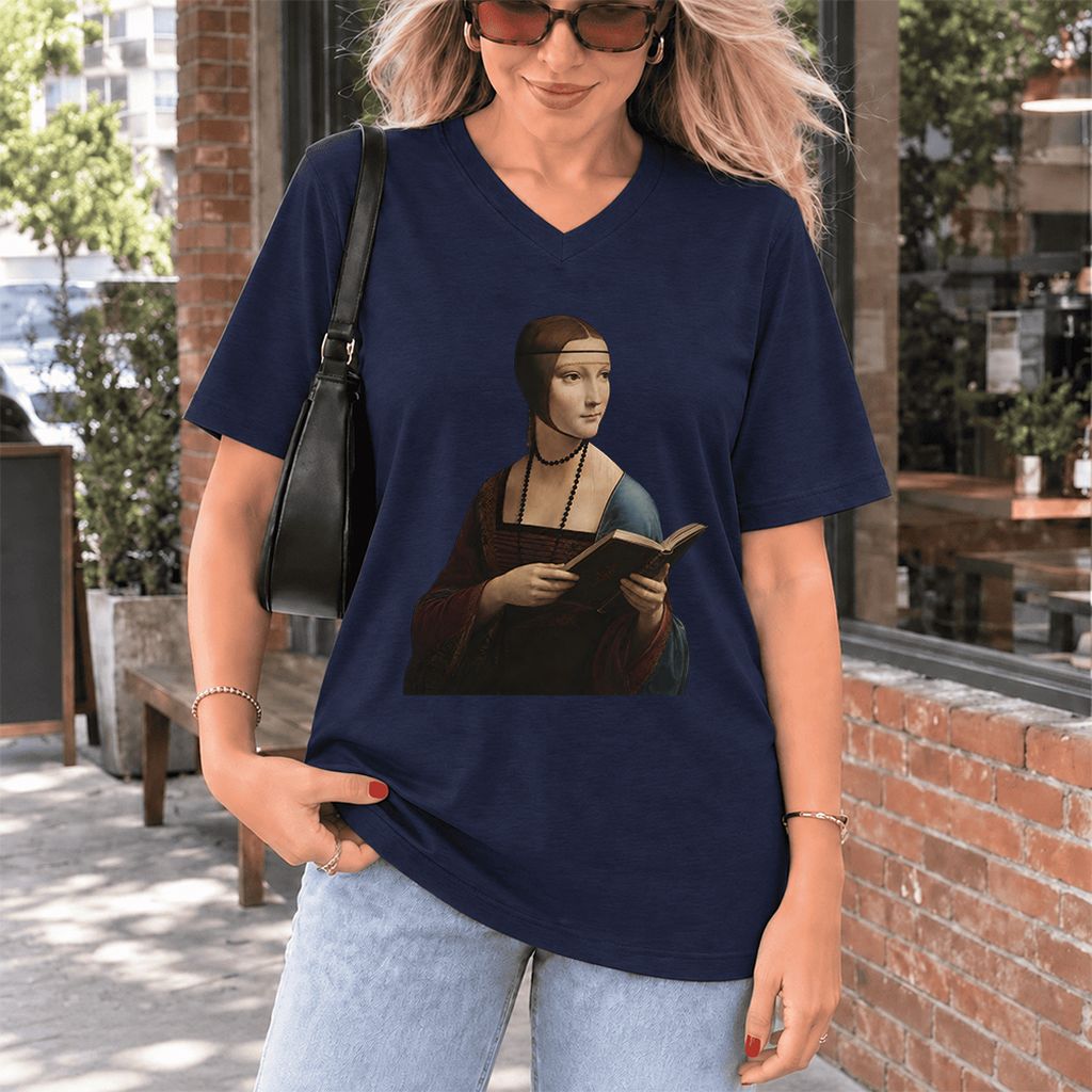 Cecilia Gallerani Reading Ultra-Soft V-Neck | Literary Reader Gift Navy