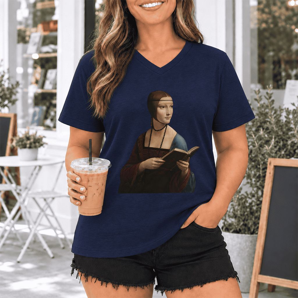 Cecilia Gallerani Reading Ultra-Soft V-Neck | Literary Reader Gift Navy