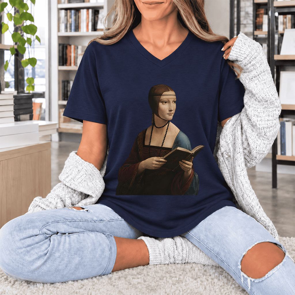 Cecilia Gallerani Reading Ultra-Soft V-Neck | Literary Reader Gift Navy