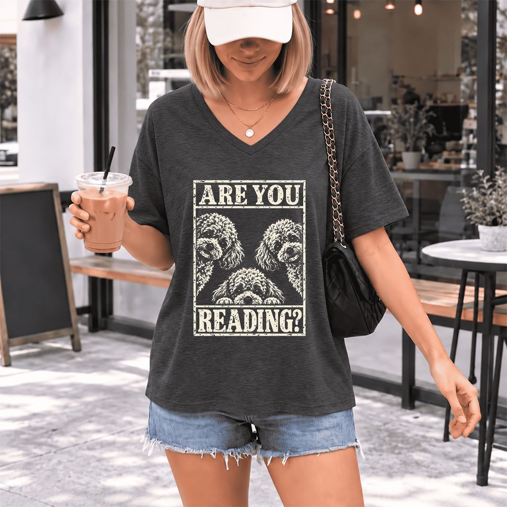 Are You Reading Poodle Ultra-Soft V-Neck | Dog Mom Reader Gift Dark Grey Heather