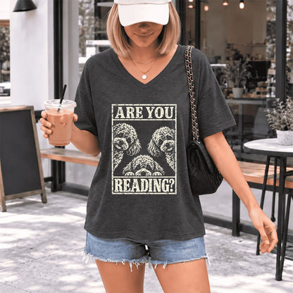 Are You Reading Poodle Ultra-Soft V-Neck | Dog Mom Reader Gift Dark Grey Heather