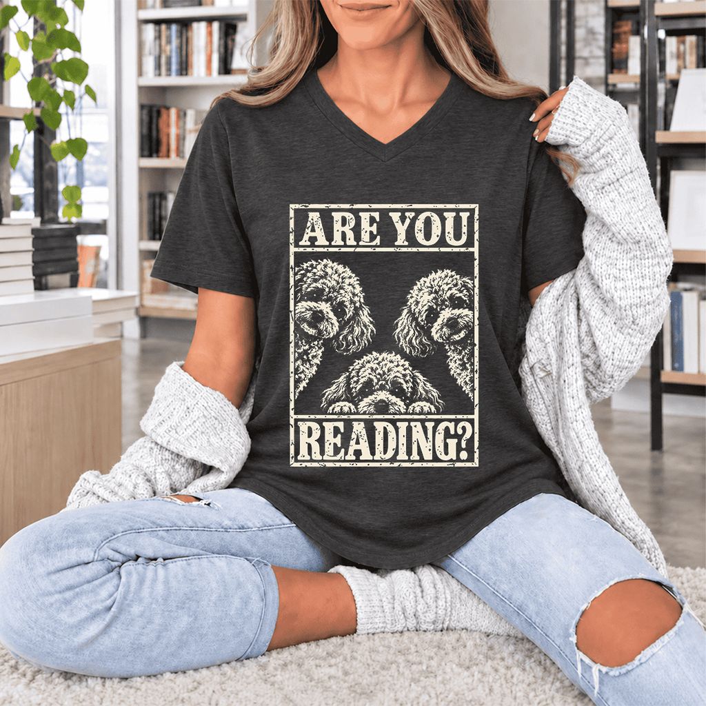 Are You Reading Poodle Ultra-Soft V-Neck | Dog Mom Reader Gift Dark Grey Heather