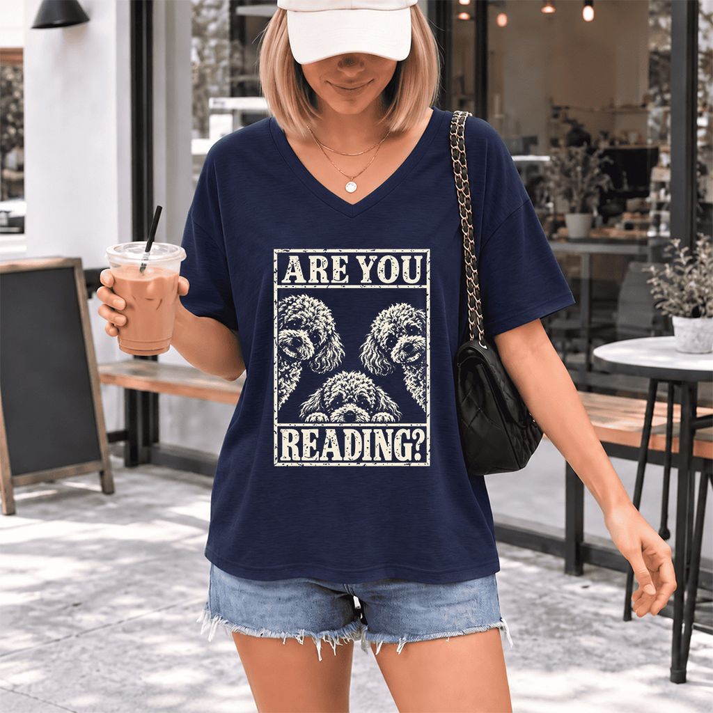 Are You Reading Poodle Ultra-Soft V-Neck | Dog Mom Reader Gift Navy