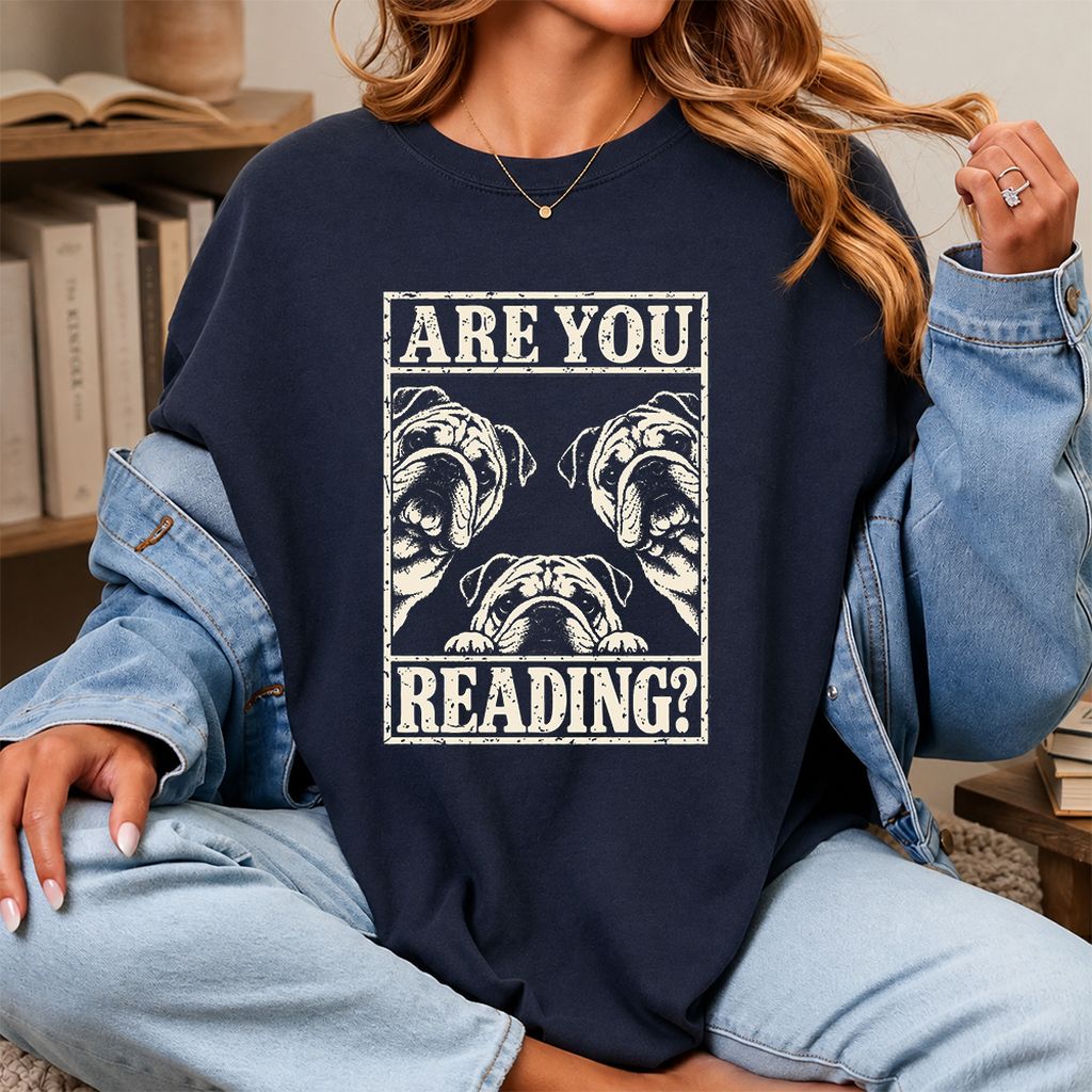 Are You Reading Bulldog Printed T-Shirt | Dog Lover Reader Gift Navy