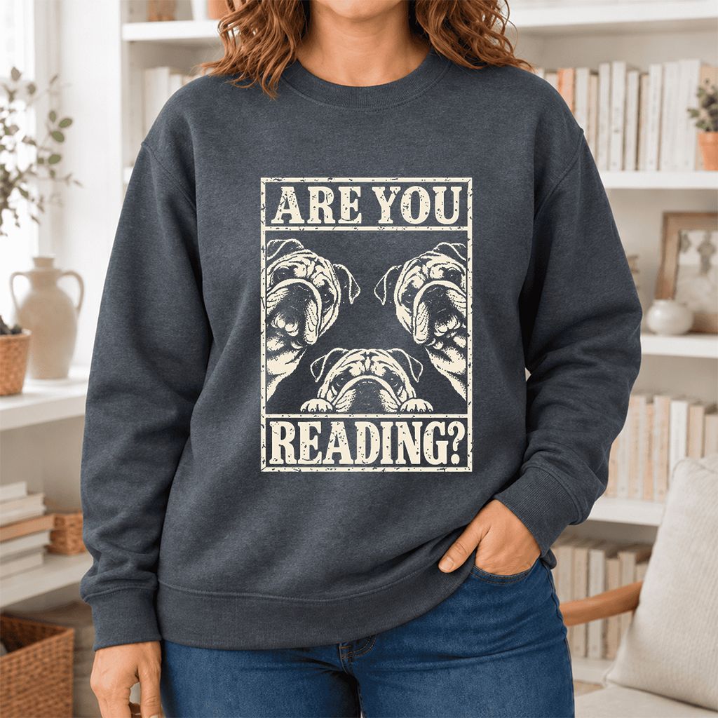 Are You Reading Bulldog Softstyle Sweatshirt | Dog Lover Reader Gift Dark Heather