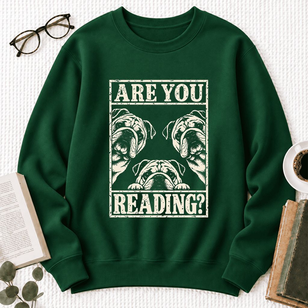 Are You Reading Bulldog Softstyle Sweatshirt | Dog Lover Reader Gift Forest Green