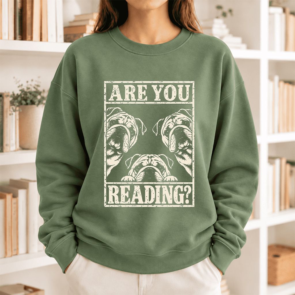 Are You Reading Bulldog Softstyle Sweatshirt | Dog Lover Reader Gift Military Green
