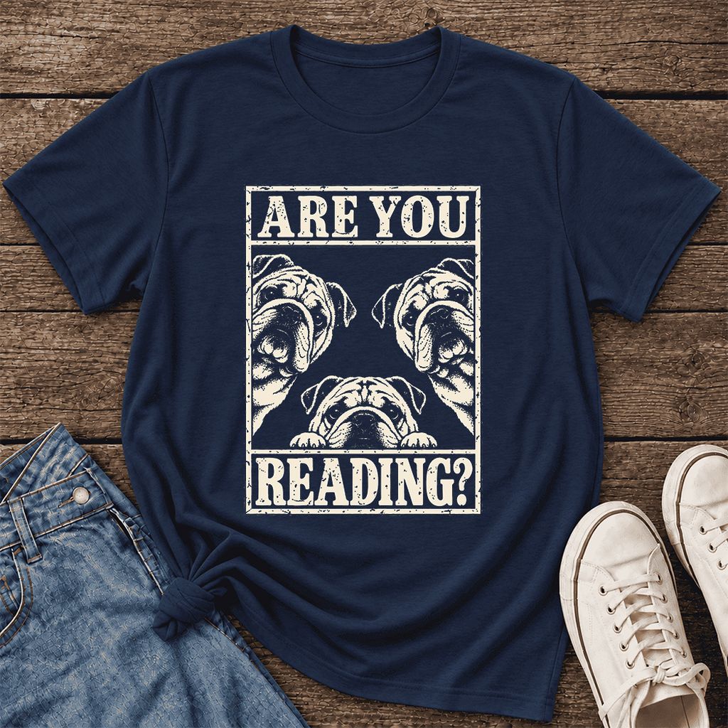 Are You Reading Bulldog Ultra-Soft Cotton T-Shirt | Dog Lover Reader Gift Navy
