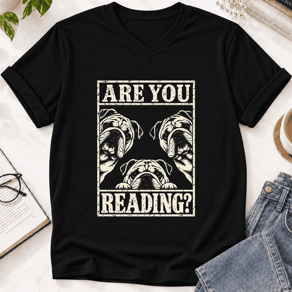 Are You Reading Bulldog Ultra-Soft V-Neck | Dog Lover Reader Gift Black