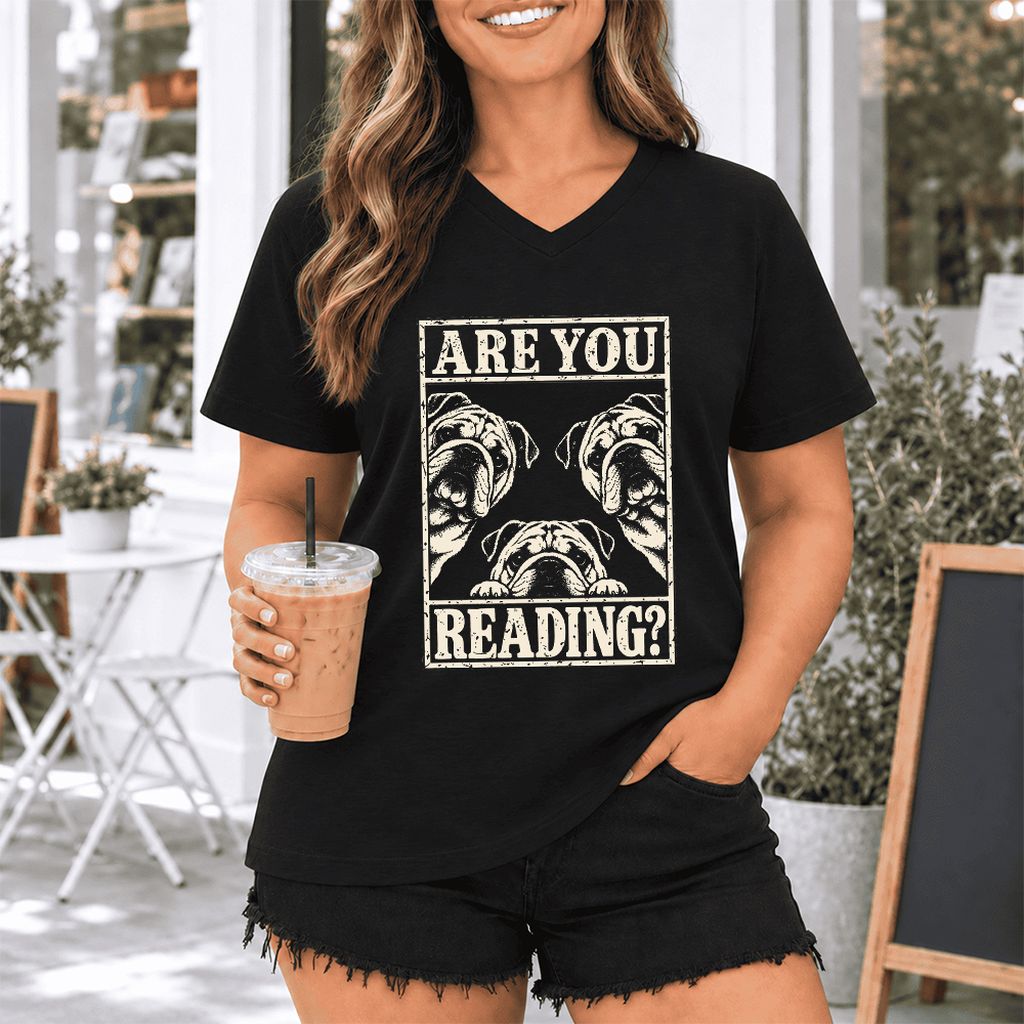 Are You Reading Bulldog Ultra-Soft V-Neck | Dog Lover Reader Gift Black