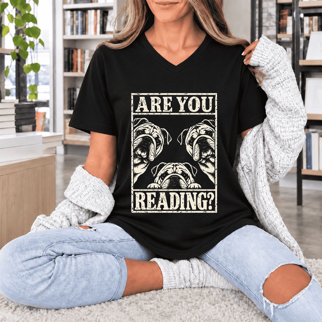 Are You Reading Bulldog Ultra-Soft V-Neck | Dog Lover Reader Gift Black
