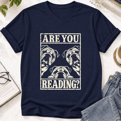 Are You Reading Bulldog Ultra-Soft V-Neck | Dog Lover Reader Gift Navy