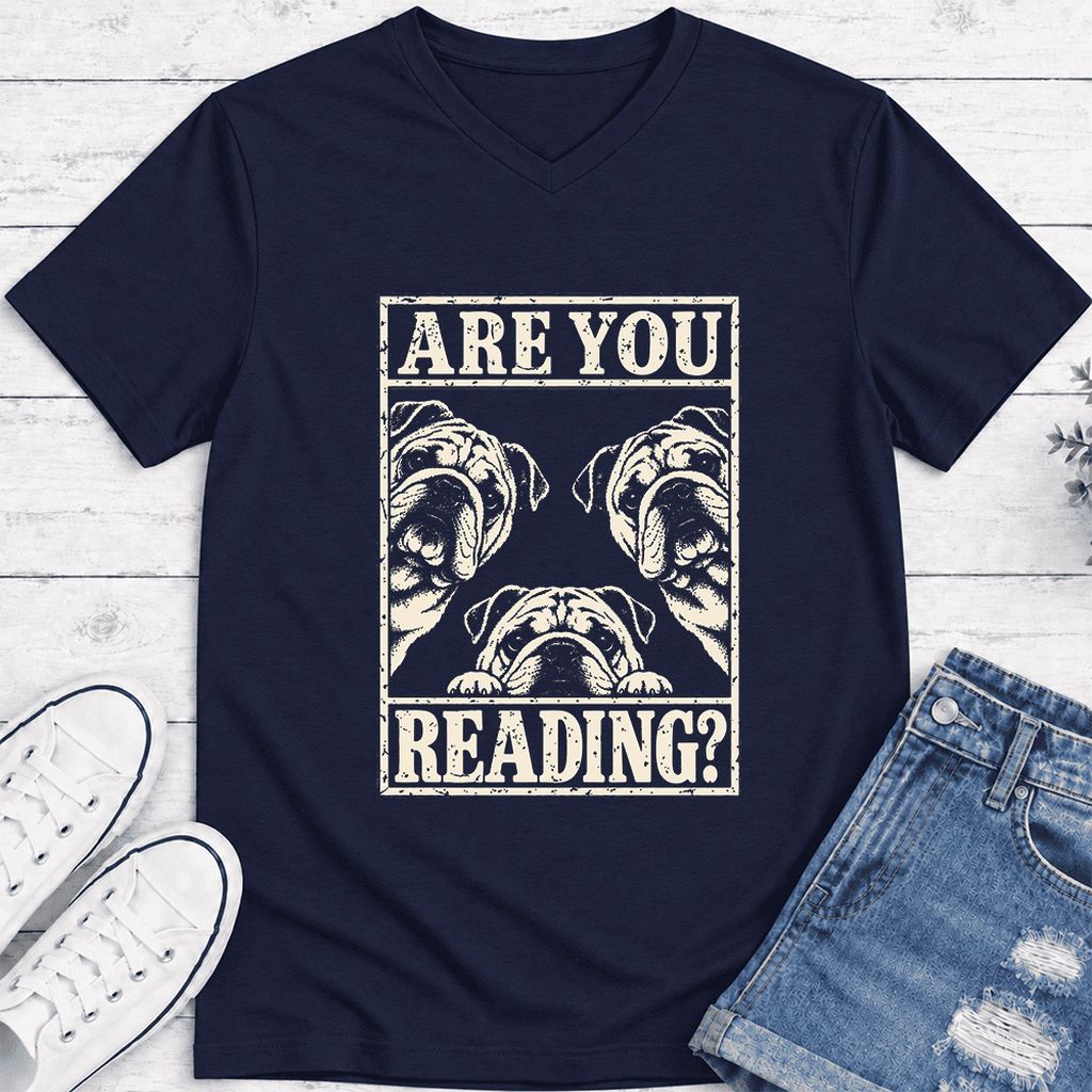Are You Reading Bulldog Ultra-Soft V-Neck | Dog Lover Reader Gift Navy