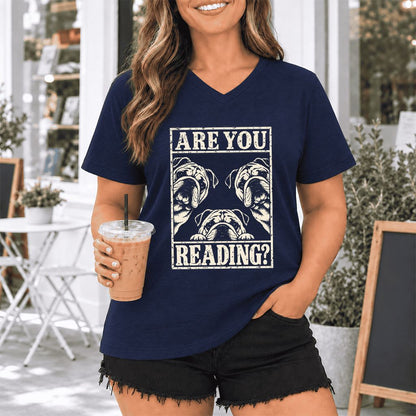 Are You Reading Bulldog Ultra-Soft V-Neck | Dog Lover Reader Gift Navy