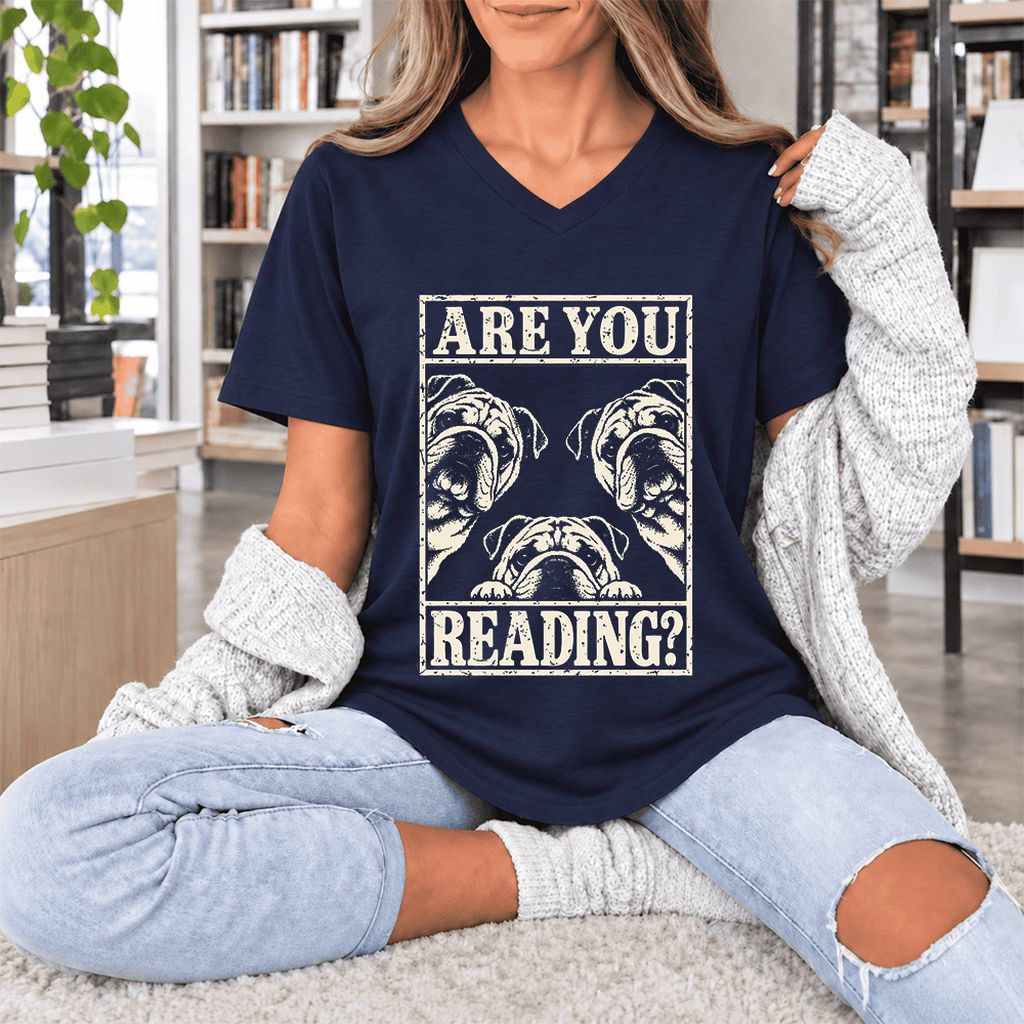 Are You Reading Bulldog Ultra-Soft V-Neck | Dog Lover Reader Gift Navy