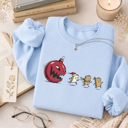 Christmas Book Chase Printed Sweatshirt | Holiday Book Lover Gift Light Blue