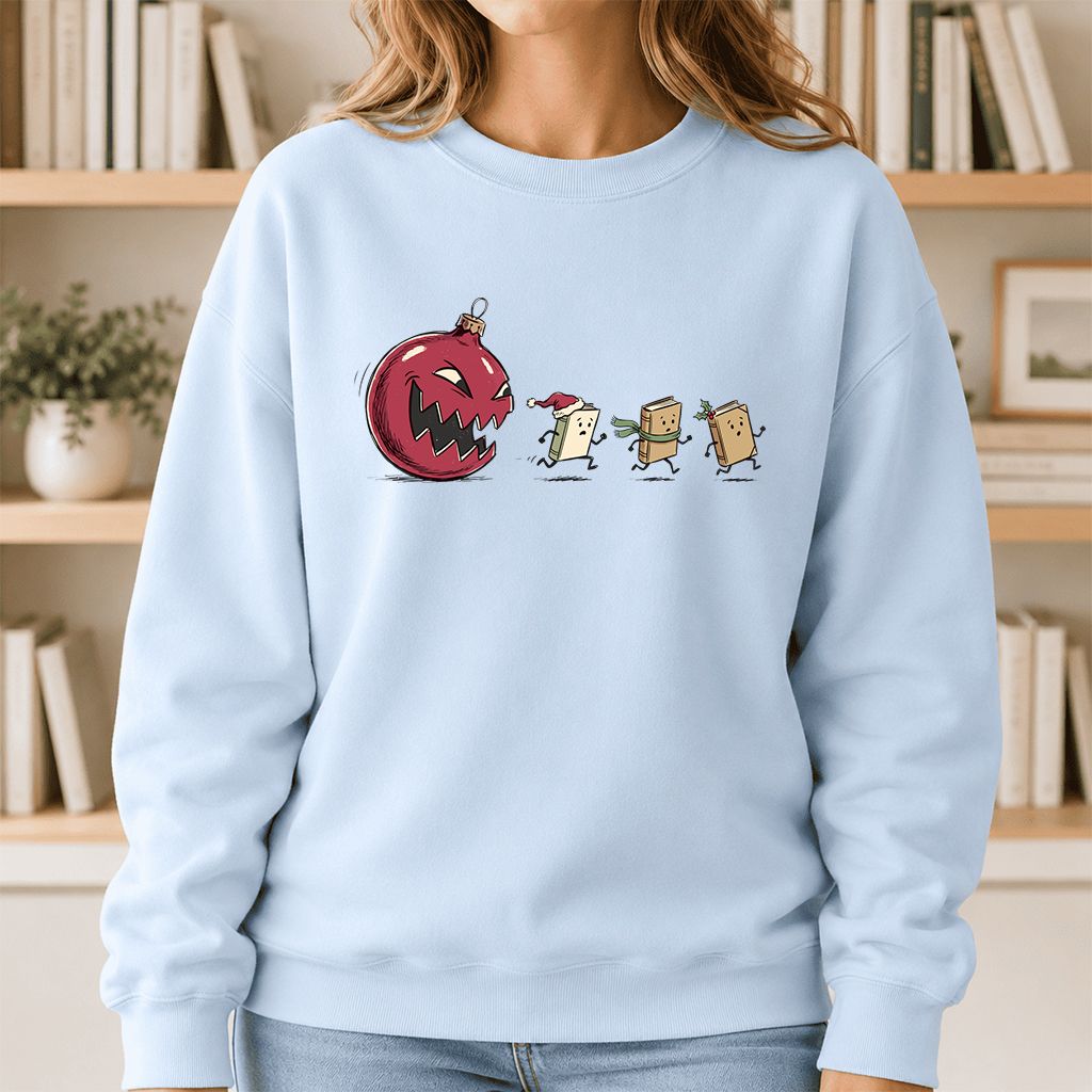 Christmas Book Chase Printed Sweatshirt | Holiday Book Lover Gift Light Blue