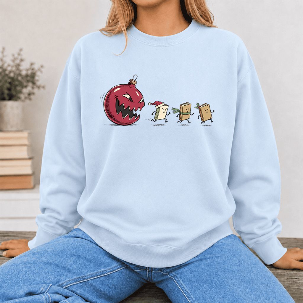 Christmas Book Chase Printed Sweatshirt | Holiday Book Lover Gift Light Blue