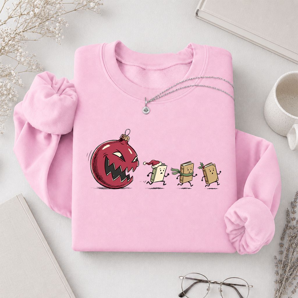 Christmas Book Chase Printed Sweatshirt | Holiday Book Lover Gift Light Pink