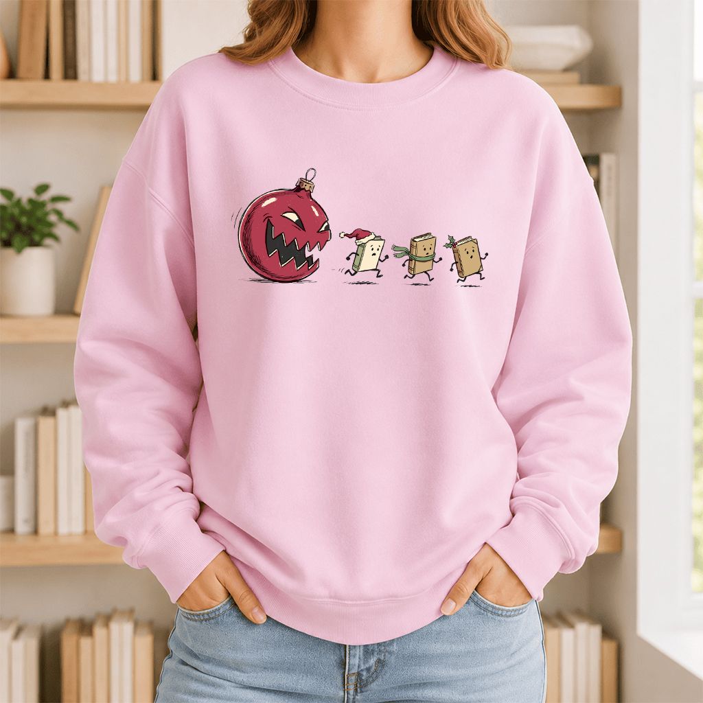Christmas Book Chase Printed Sweatshirt | Holiday Book Lover Gift Light Pink