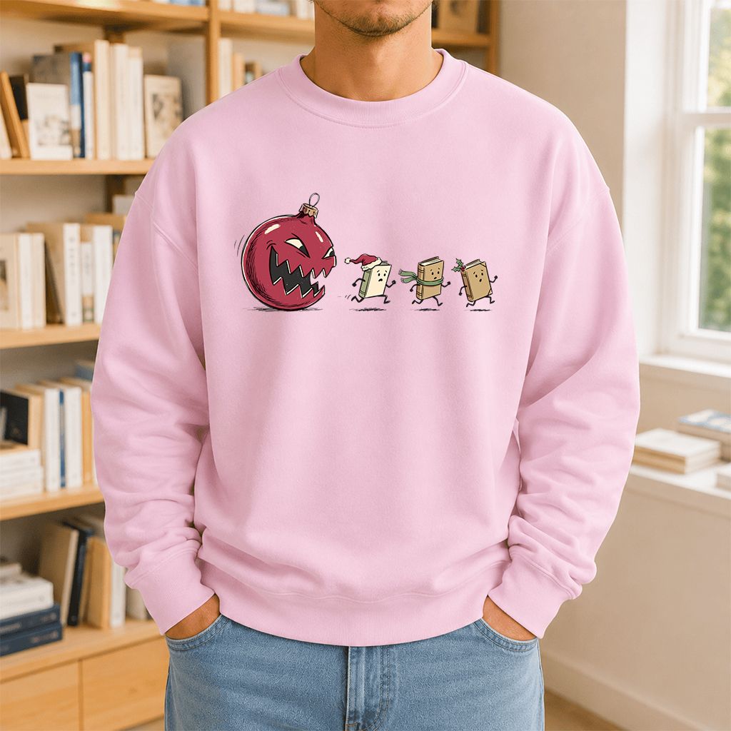 Christmas Book Chase Printed Sweatshirt | Holiday Book Lover Gift Light Pink