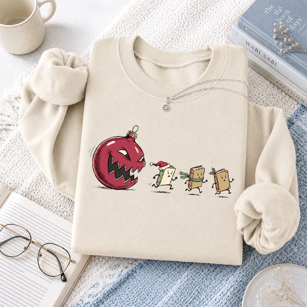 Christmas Book Chase Printed Sweatshirt | Holiday Book Lover Gift Sand