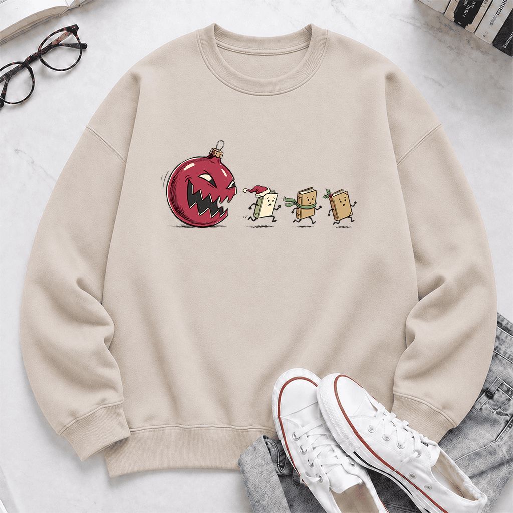 Christmas Book Chase Printed Sweatshirt | Holiday Book Lover Gift Sand
