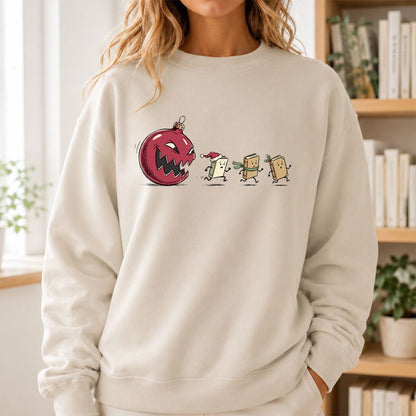 Christmas Book Chase Printed Sweatshirt | Holiday Book Lover Gift Sand