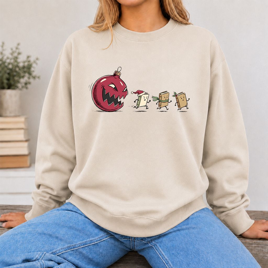 Christmas Book Chase Printed Sweatshirt | Holiday Book Lover Gift Sand