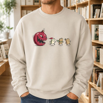 Christmas Book Chase Printed Sweatshirt | Holiday Book Lover Gift Sand