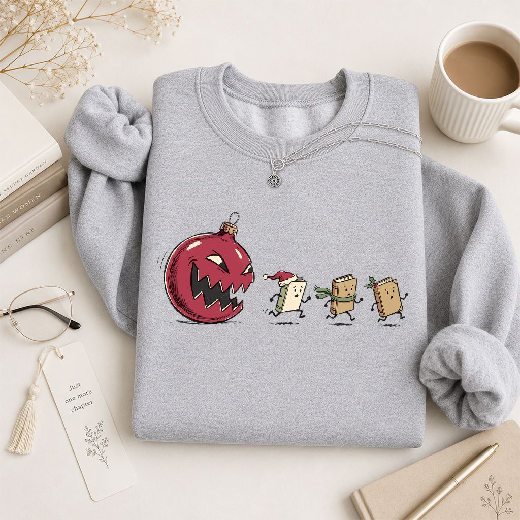 Christmas Book Chase Printed Sweatshirt | Holiday Book Lover Gift Sport Grey