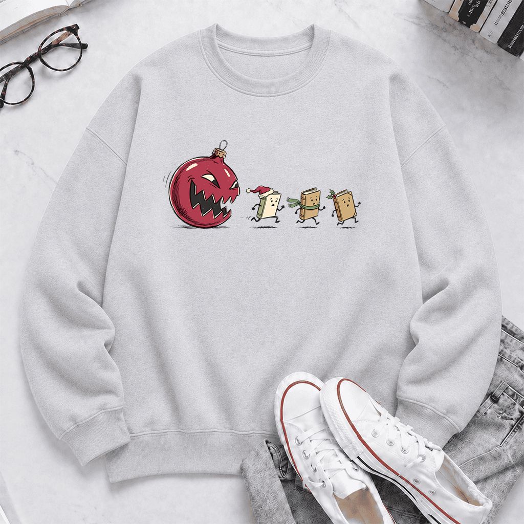 Christmas Book Chase Printed Sweatshirt | Holiday Book Lover Gift Sport Grey