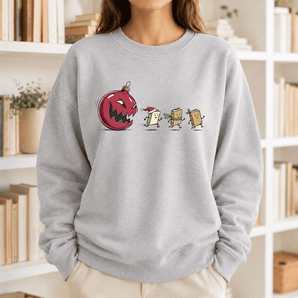 Christmas Book Chase Printed Sweatshirt | Holiday Book Lover Gift Sport Grey