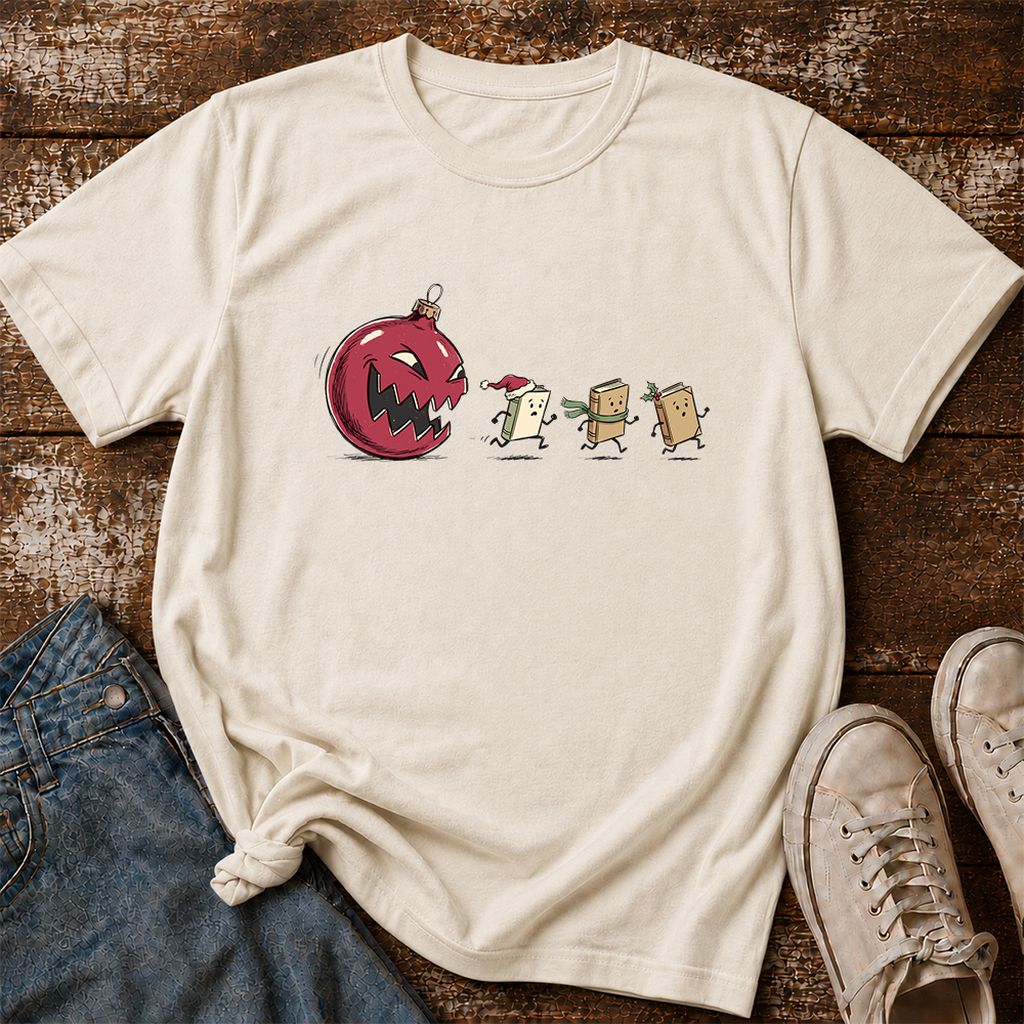 Christmas Book Chase Printed T-Shirt | Holiday Book Lover Gift Natural