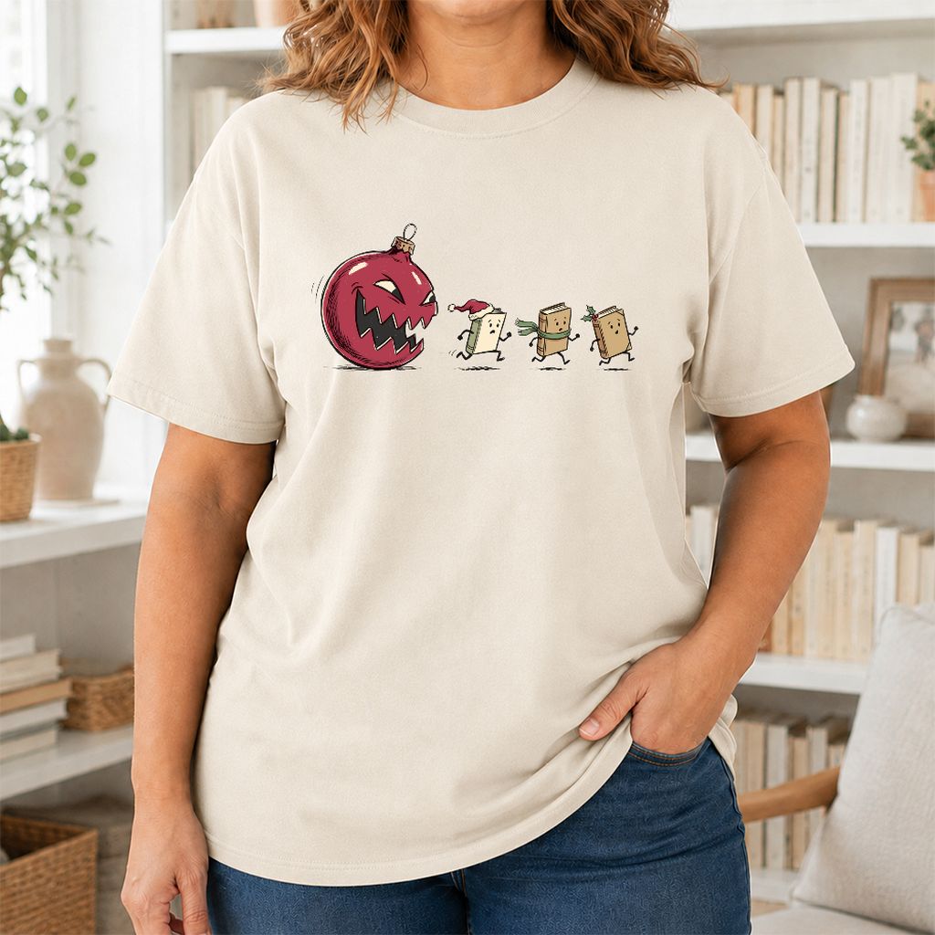 Christmas Book Chase Printed T-Shirt | Holiday Book Lover Gift Natural