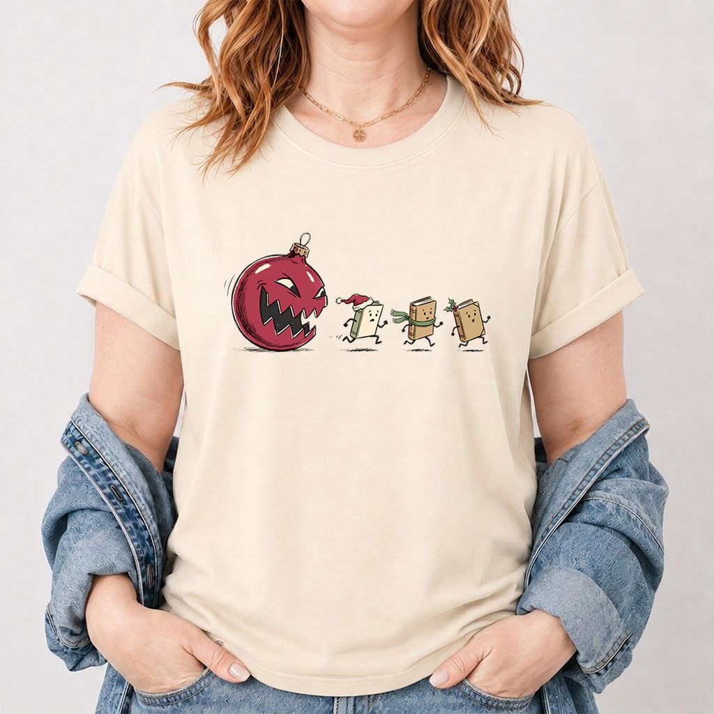 Christmas Book Chase Printed T-Shirt | Holiday Book Lover Gift Natural