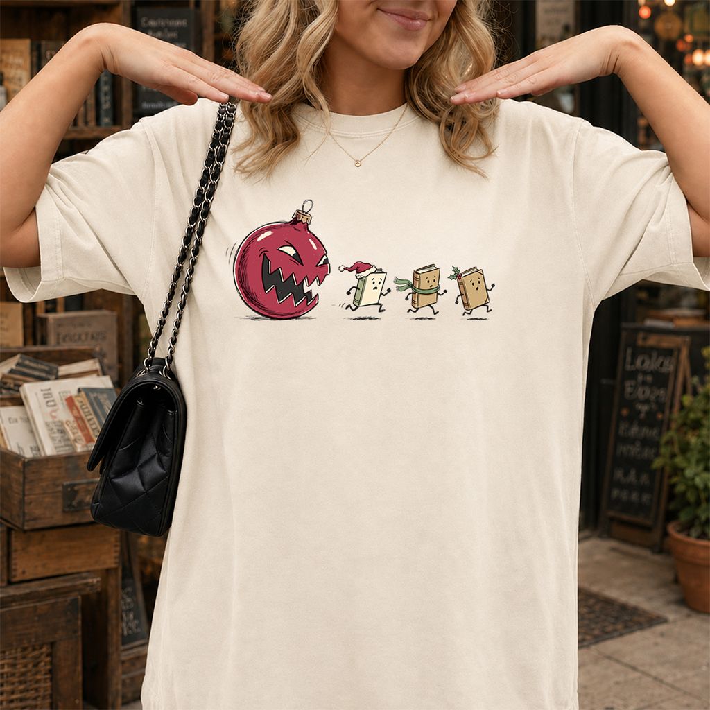 Christmas Book Chase Printed T-Shirt | Holiday Book Lover Gift Natural