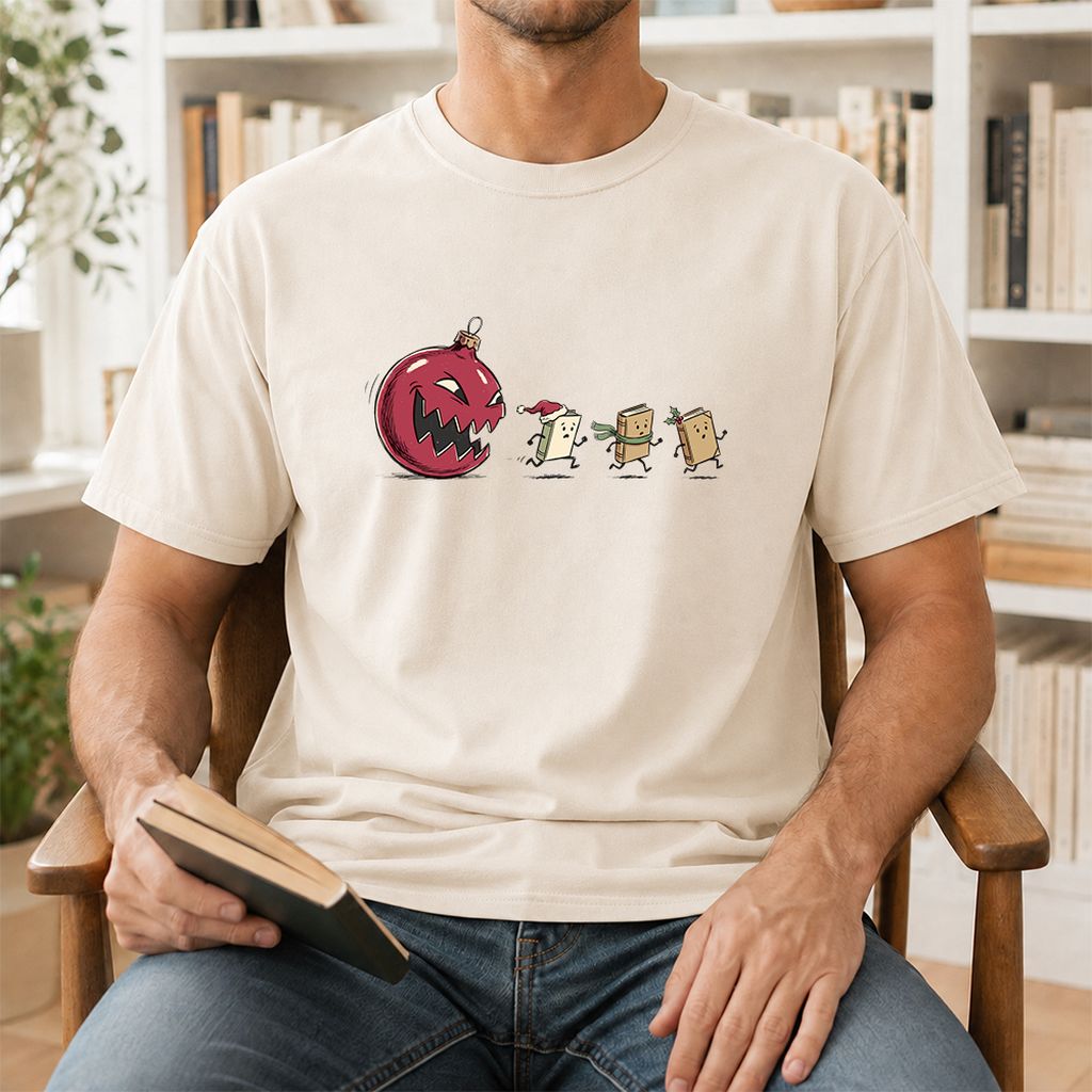 Christmas Book Chase Printed T-Shirt | Holiday Book Lover Gift Natural