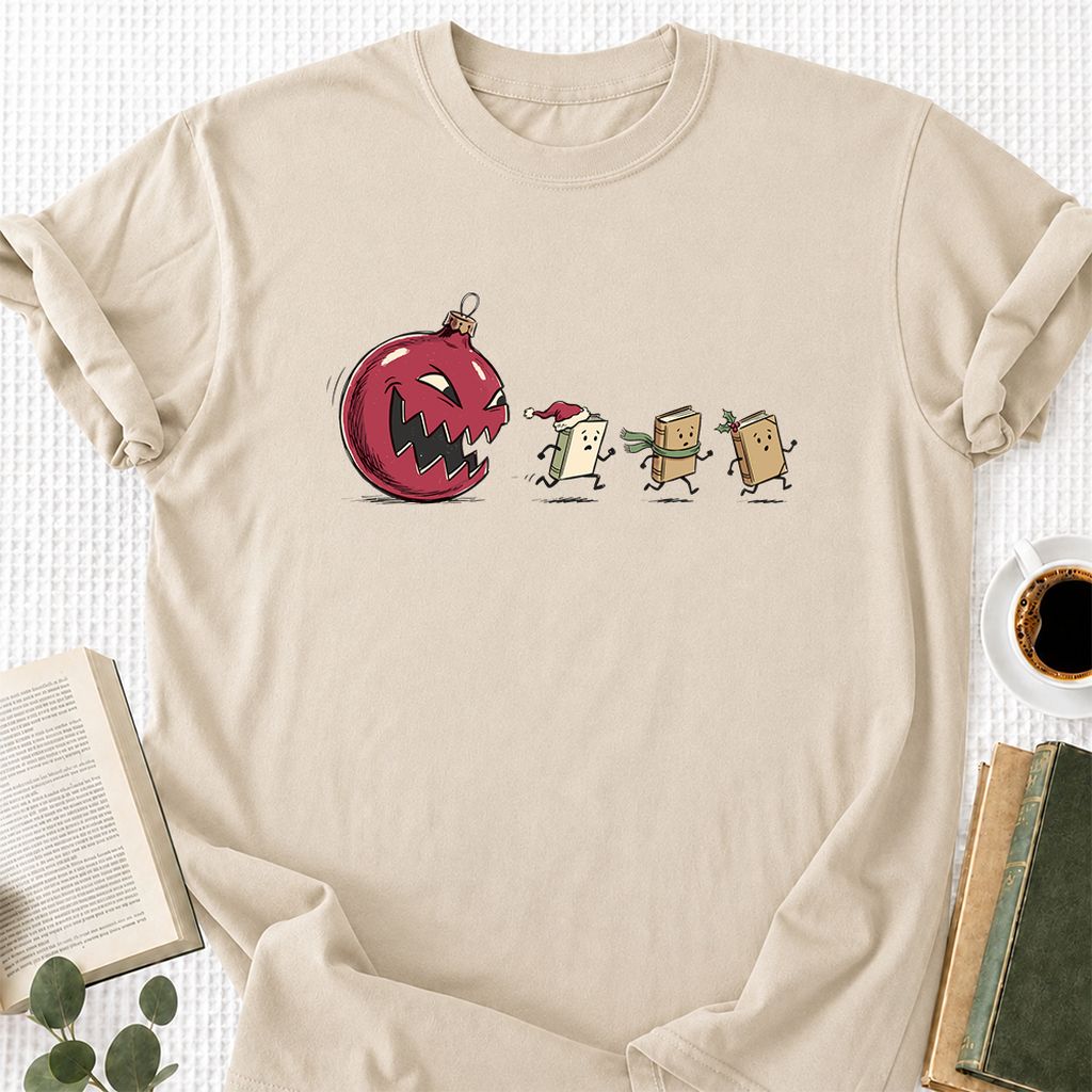 Christmas Book Chase Printed T-Shirt | Holiday Book Lover Gift Sand